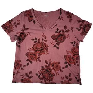 Old Navy Everywear Floral Rose Print V-Neck T-Shirt White Red Womens Large Tee